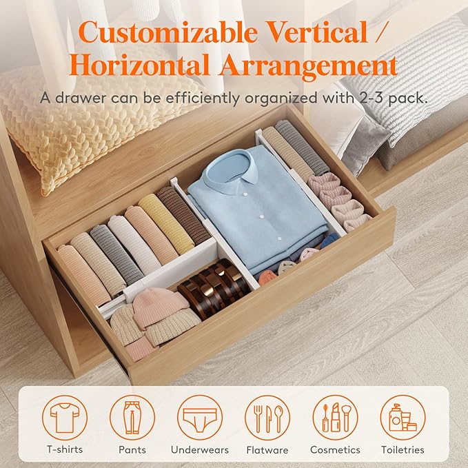 Lifewit 5 Pack 4" High Drawer Dividers 34-56cm/13.5-22" Adjustable Drawer Organizer for Clothes/Utensils, Expandable Drawer Separator in Dresser/Kitchen/Bedroom/Office Organization & Storage White