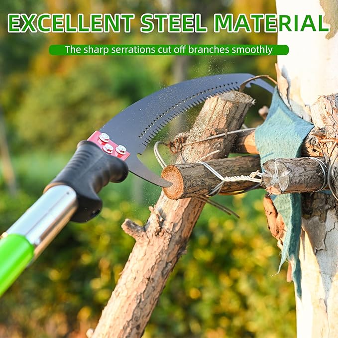 Manual Pole Saw for Tree Trimming, 27 FT Manual tree purner with 8-Section Fiberglass Handle, Sharp steel Blade, Easy to Carry and Extendable Design for Tree Maintenance, Green