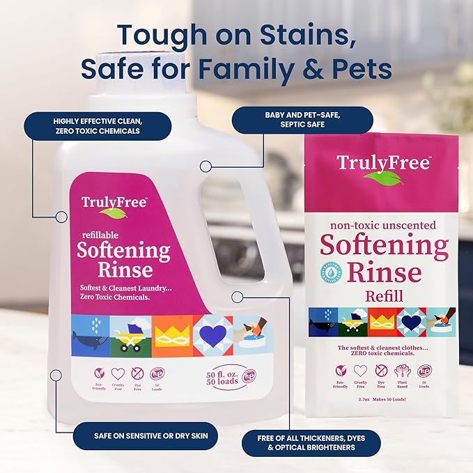 Truly Free Natural Fabric Softener | Non-Toxic for Babies & Kids Sensitive Skin | Plant-Based Laundry Softening Conditioner | Safe, Gentle & Chemical-Free | Unscented | 1 Pack with Jug