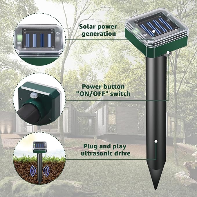 Solar Powered Mole Repellent, 4 Pack Ultrasonic Gopher Vole Deterrent Outdoor - Waterproof Sonic Spikes for Lawn, Garden & Yard - Repels Rats Squirrels Skunks Chipmunks Groundhogs Snakes & Rodents
