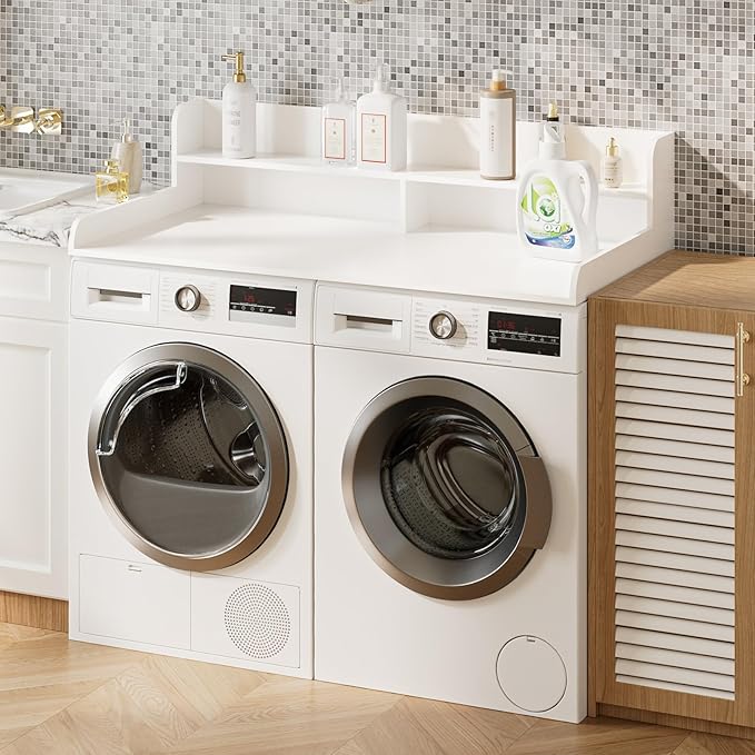 2-Tier Washer Dryer Countertop, Laundry Room Organization and Storage, 27.6" x 54" Wood Laundry Countertop for Washer and Dryer, White