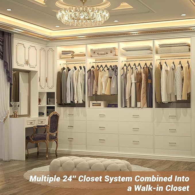 Besiost Freestanding 2FT Closet System with 3 Wood Drawers, 24" Closet Organizer System with Hanging Rod & Shelves, Walk-in Closet Systems for Small Closets, White (24"L x 15" W x 80" H)