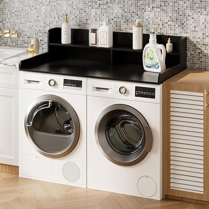 2-Tier Washer Dryer Countertop, Laundry Room Organization and Storage, 27.6" x 54" Wood Laundry Countertop for Washer and Dryer, Black