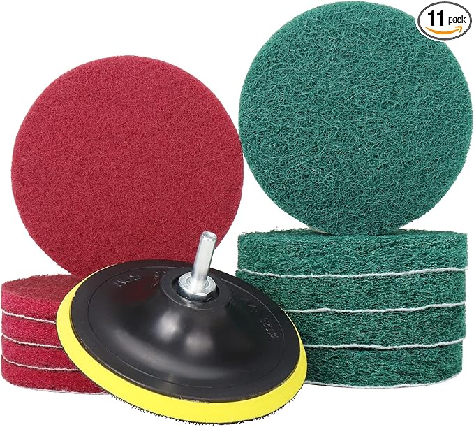 5 Inch Drill Brush Power Scouring Pads - Heavy Duty Tub and Tile Cleaner - Household Cleaning Kit Includes Drill Attachment, 5 Red, 5 Stiff Green Scrubber Pads