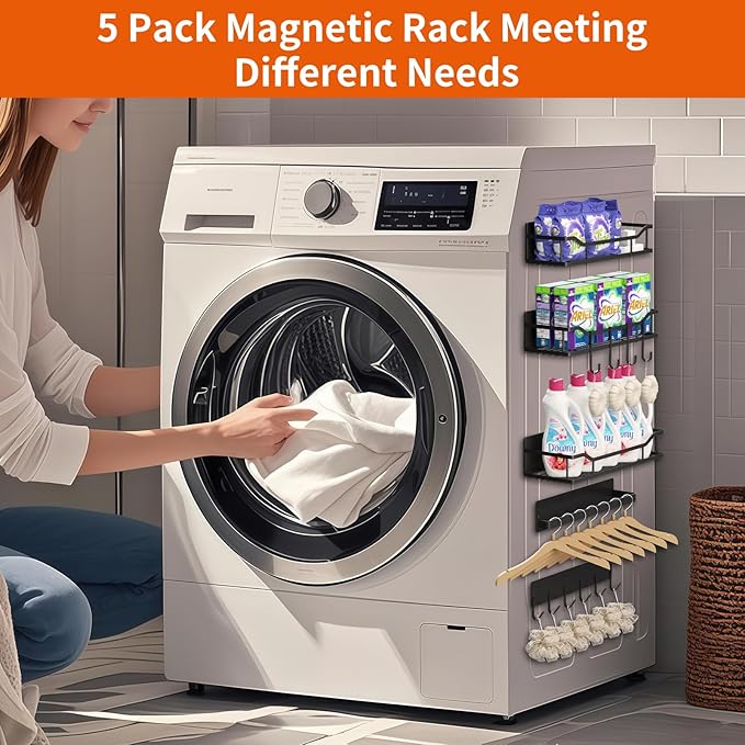 Magnetic Spice Rack,Multifunctional Magnetic Shelf for Washing Machine,Refrigerator,Microwave,and Any Metal Surface,Powerful Magnetic Shelves Include Magnetic Paper Towel Holder (5 pcs - Black)