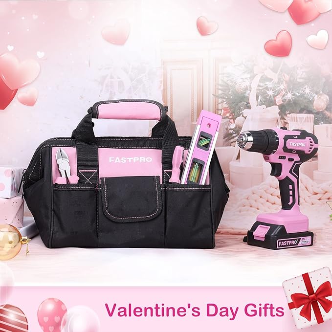 FASTPRO 232-Piece 20V Pink Cordless Lithium-ion Drill Driver and Home Tool Set, Lady's Repairing Kit with 12-Inch Wide Mouth Open Storage Bag