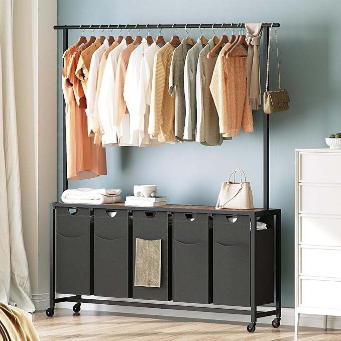 YATINEY Laundry Hamper, Laundry Sorter 5 Section, Rolling Laundry Basket, Laundry Sorter with Hanging Bar, Hampers for Laundry, Laundry Basket Organizer for Laundry Room, Rustic Brown LS57BR