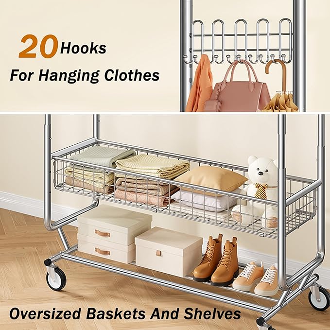 Gewudraw Heavy Duty Clothes Rack with Metal Basket, 1060 LBS Rolling Double Rod Garment Rack, Portable Extendable Clothing Rack with Wheel for Bedroom, Laundry Room & Retail Store