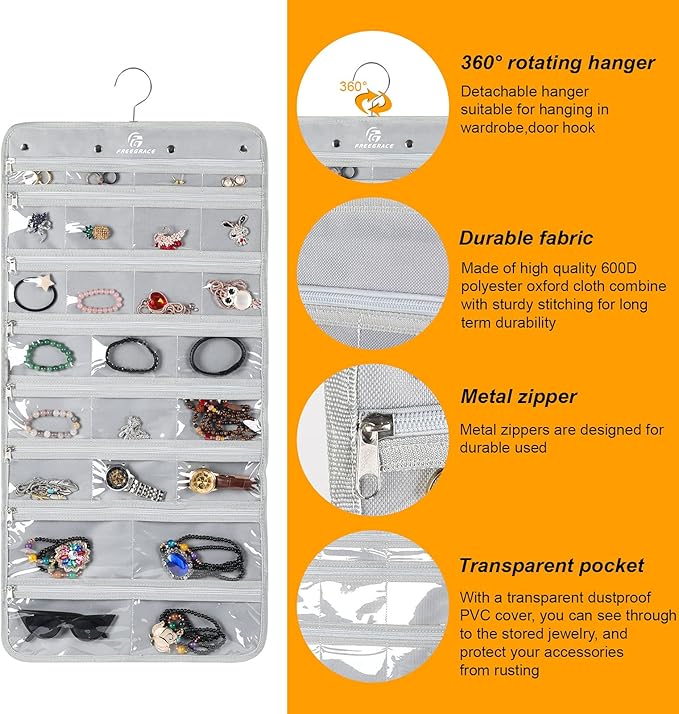 Hanging Jewelry Organizer with 50 Transparent Pockets, 360 Rotating Hanger & Secure Zipper Closure - Foldable Double Sided Jewelry Storage Bag for Earrings, Rings, Necklaces, Bracelets (Gray)