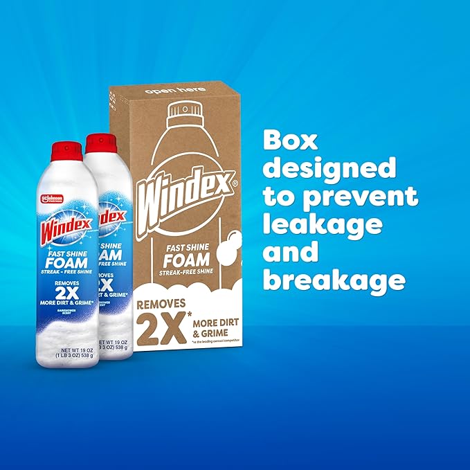 Windex Fast Shine Foam Glass Cleaner, No-Drip Windows, Doors, Mirrors & Countertops Aerosol Cleaning Spray, Streak-Free Shine, Removes Fingerprints, Dust, Dirt, Grime & More 19 oz (Pack of 2)
