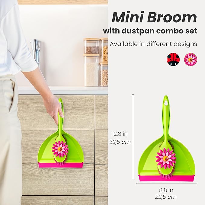 Vigar Flower Power Dust Pan and Brush Handy Set, 12-3/4-Inches, Green, Pink