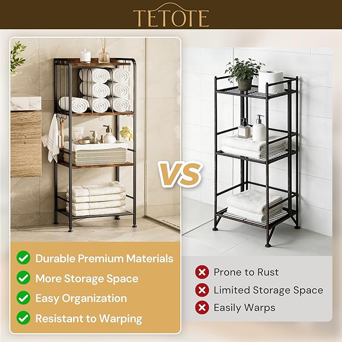 TETOTE 4-Tier Towel Rack, M-Shaped Detachable Dividers Towel Shelf with Hooks for Bathroom, Free Standing Pool Towel Holder Space-Saving Organizer, Rustic