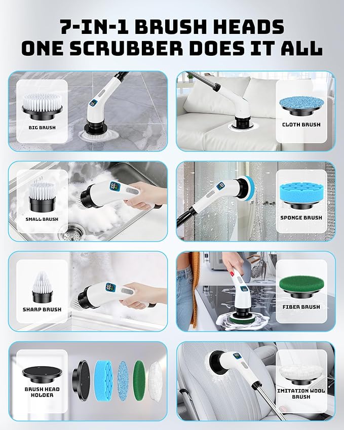 Electric Spin Scrubber, IPX7 Shower Scrubber 7 Replaceable Brush Heads-90Mins Work Time, 2-Speed Adjustable Bathroom Scrubber 3-Height Adjustable Handle Cordless Tub Scrubber for Bathtub Kitchen Glass