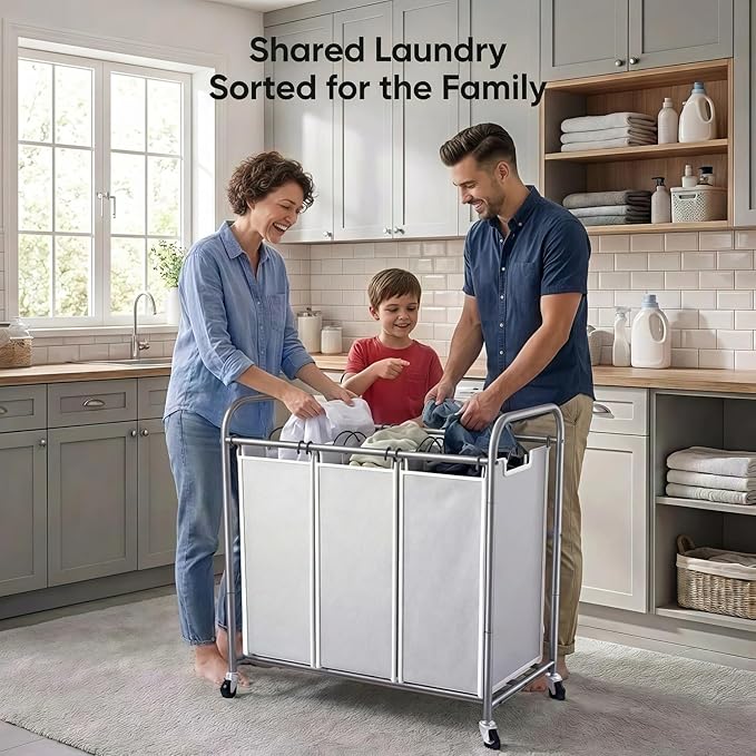 ROMOON Laundry Sorter Hamper 3 Section, Divided Laundry Basket Organizer with Heavy Duty Lockable Wheels and Removable Bags, Rolling Clothes Hamper for Apartment, Dorm & Family (130L Neutral Gray)