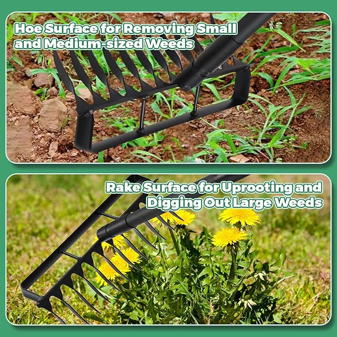 Stirrup Hoe Garden Tool Weed Puller with 76.8Inch Adjustable Stainless Steel Handle, Heavy Duty Garden Hoe and 12 Tines Rake 2 in 1 Gardening Tools Garden Cultivator for Weeding Soil Loosening, Black