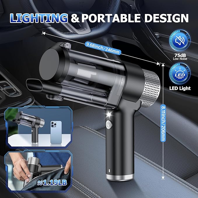 JONYJ Handheld Car Vacuum Cleaner Cordless, 16000PA Hand Held Vacuum Portable, 2 in 1 Air Duster and Mini Vacuum Cleaner Rechargeable with Led, Multi-Nozzles & Washable Filters for Home Office Car Pet