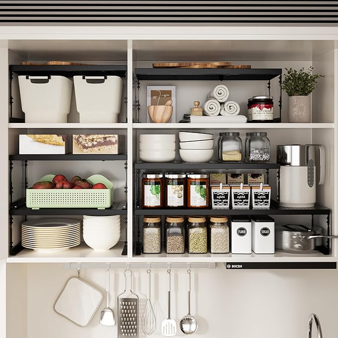 Jojocross Adjustable Stackable Metal Storage Shelf Organizer - Expandable Wire Rack with Perforations for Kitchen, Pantry, Bathroom, Cabinet & Office-Compact, Durable & Sturdy(1PACK/Large/Black)