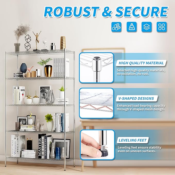 Simple Deluxe 5-Tier Storage Shelves, 35.83" W x 13.98" D x 71.7" H Wire Metal Shelving Unit, 1250 Lbs Loading Capacity, Chrome