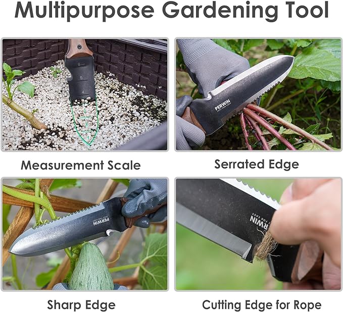 Hori Hori Garden Knife, Garden Tools with Sheath for Weeding, Planting, Digging, 7" Stainless Steel Blade with Cutting Edge, Full-Tang Wood Handle with Hanging Hole