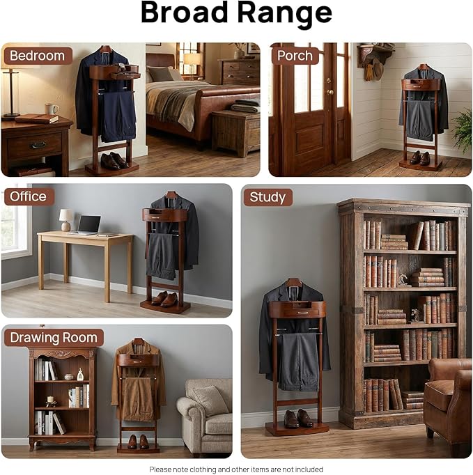 Wood Men Valet Stand with Drawer, Standing Suit Valet Stand, Clothes Organizer Rack for Home Entryway Living Room Bedroom Office, 22lbs Load Capacity(Brown)