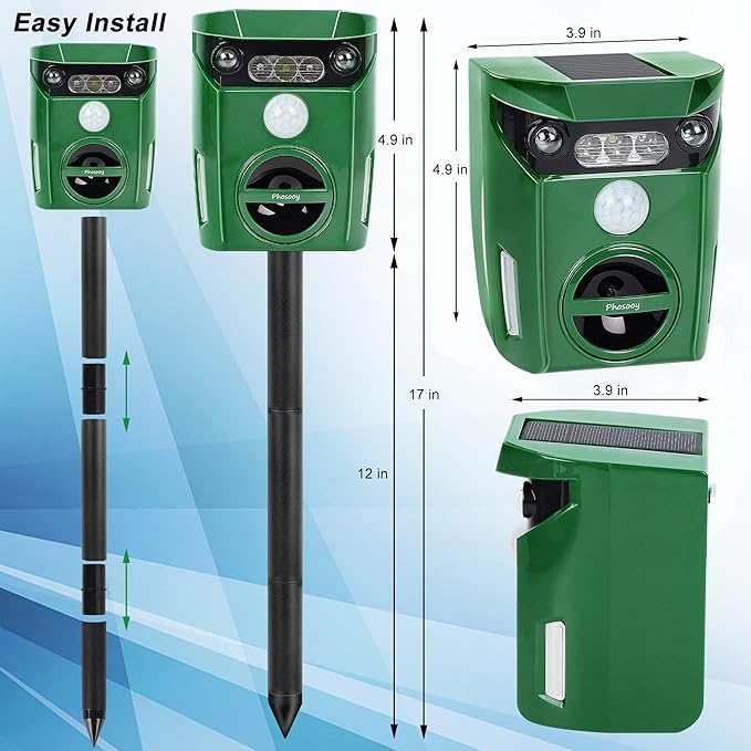 Ultrasonic Animal Repeller, Outdoor Waterproof Solar Animal Deterrent Repellent with Motion Sensor & LED Flashing Lights, Drive Away Cats, Squirrels, Rats, Skunks, Raccoons and Deer
