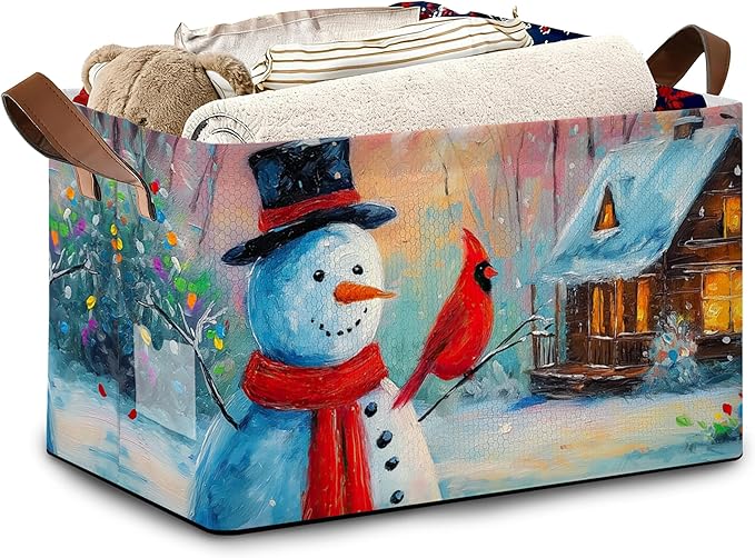 Snowman Christmas Storage Basket with Handles,Red Cardinal Collapsible Rectangle Organizer Bin for Room Decoration Books Box Baskets 17x11.5x10Inch
