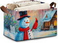 Snowman Christmas Storage Basket with Handles,Red Cardinal Collapsible Rectangle Organizer Bin for Room Decoration Books Box Baskets 17x11.5x10Inch
