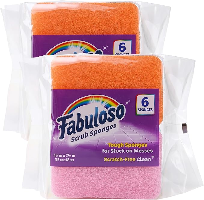 Fabuloso Scratch-Free Kitchen Dish Sponges, Rainbow Cellulose Scrubber Sponge with Scouring Pad for Dishes, Pots, Pans, Counters and Sinks, Tough on Messes, 4.25 x 2.75 x 1.25 in, 6 Count - 2 Pack
