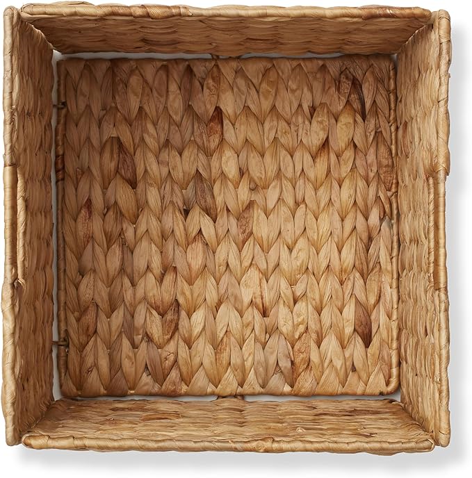 Casafield 12" x 12" Water Hyacinth Storage Baskets, Natural - Set of 2 Collapsible Cube Organizers, Woven Bins for Bathroom, Bedroom, Laundry, Pantry, Shelves