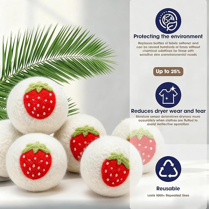 Wool Dryer Balls，New Zealand Wool Laundry Balls for Dryer (Pack of 3, Strawberry Handmade Pattern)，Softens Clothes,Naturally Reduces Drying Time and Static Electricity
