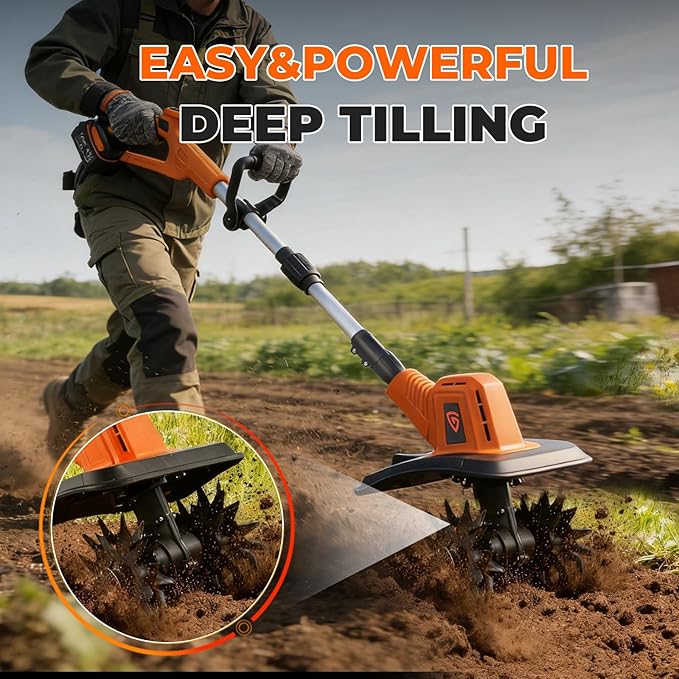 Cordless Electric Tiller Cultivator, 21V Battery Powered Garden Tiller with 2×4.0Ah Batteries, 9″ Tilling Width & 6.6″ Depth, 360RPM 48 Rust-Resistant Blades for Soil & Gardening