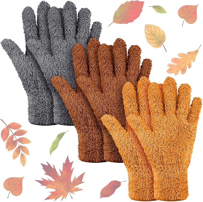 Patelai 3 Pairs Microfiber Plant Dusting Gloves Leaf Cleaning Gloves for Indoor Plants, Blinds, Furniture, House (Orange,Brown,Dark Gray,Small)