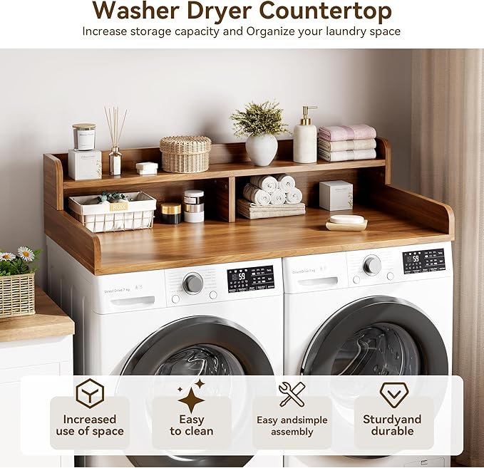 Garvee 54" Washer Dryer Countertop with 2-Tier Shelf, Wooden Laundry Countertop with Non-Slip Pad and Guard Rails, Washer and Dryer Topper for Laundry Room Organization