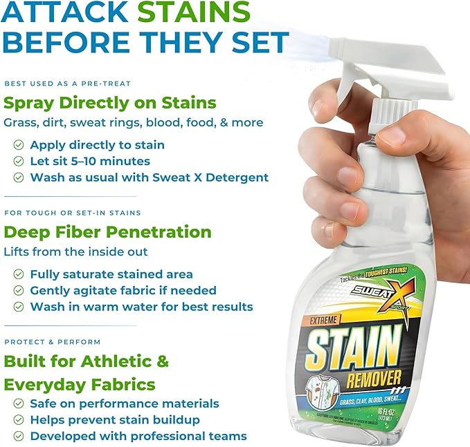 SWEAT X Extreme Stain Remover Spray for Clothes - Professional Laundry Stain Remover Spray for Performance Fabrics & Activewear - Powerful Stain Treater & Spot Remover for Clothes - 16 oz (2 Bottles)