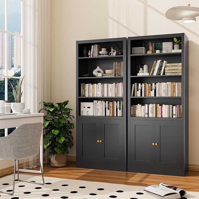 Bookshelf with Doors and Adjustable Shelves, 55" Tall Metal 5-Tier Bookcase, Freestanding Bookshelf for Living Room, Home Office, Kitchen Pantry Organizer Rack (Black)