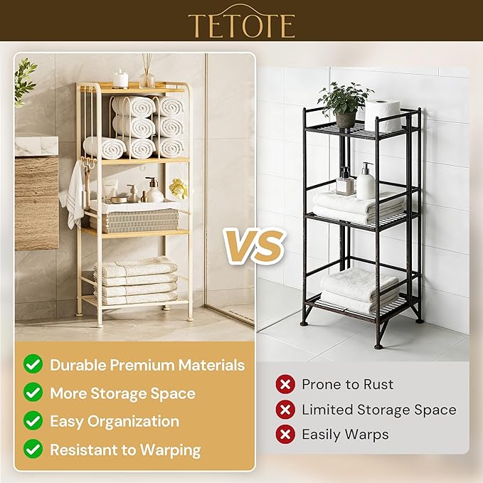 TETOTE Towel Rack 4-Tier M-Shaped Detachable Dividers Towel Storage Organizer with Hooks Modern Towel Stand Shelf for Bathroom, Pool, Kitchen, Living Room, White
