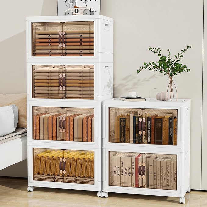 Storage Bins with Lids and Wheels, 440QT-110QT*4Tier Collapsible Bathroom Storage Cabinet with Clear Doors, Plastic Stackable Closet Organizers and Containers White