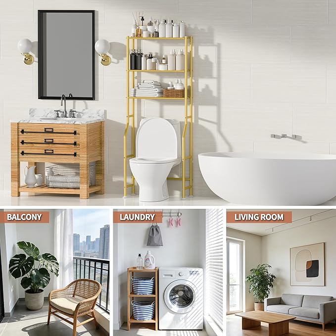 3-Tier Over The Toilet Storage, Freestanding Metal Bathroom Shelves, Space Saver Above The Over Toilet Storage Shelf for Bathroom (Gold)