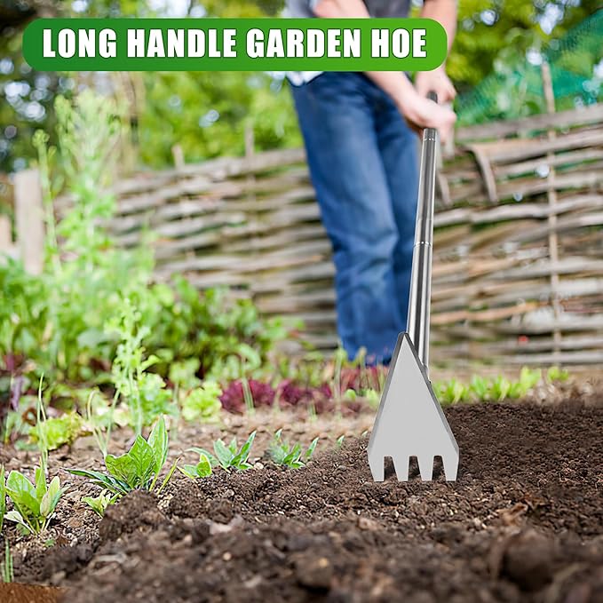 Dual Headed Hoe Garden Tool, Adjustable Long Handle Weed Puller, Stainless Steel Hoe Cultivator and Weed Rake Gardening Tool, for Gardening Planting, Weeding, Digging, Loosening Soil