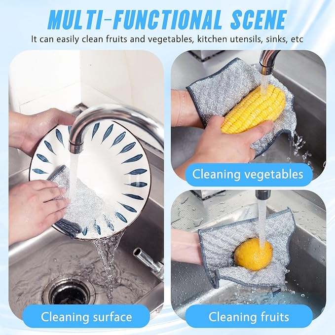 Wangjinpeng 10 PCS Four-Layer Non-Scratch Multipurpose Steel Wire Dishcloths - Reusable Quick-Dry Odor-Free Scrub Cloths for Dishes, Kitchen Cleaning Cloths for Cookware, Sinks, Stove Tops(7.87X7.87)