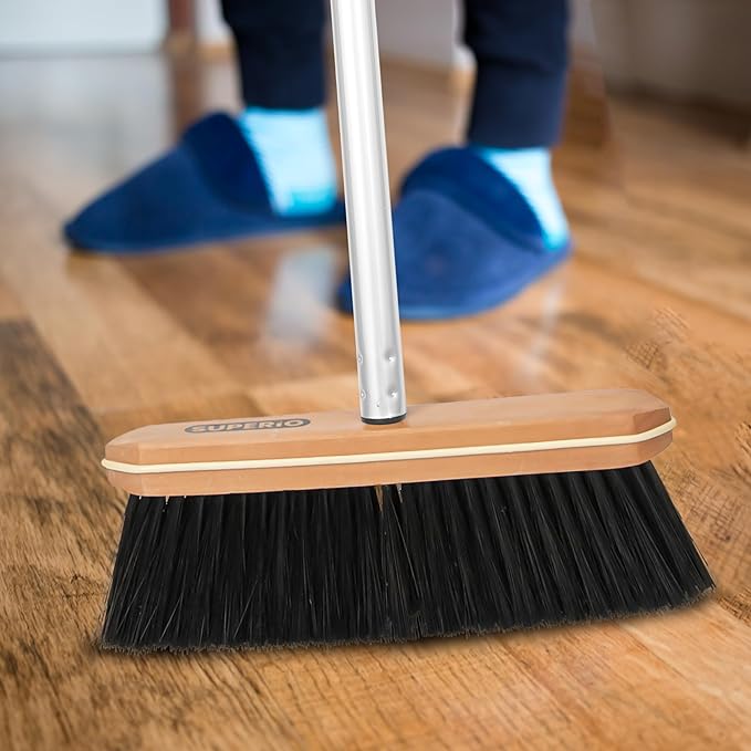 Superio Kitchen Broom Premium Black Tampico Bristles, with Grey Metal 3-Part Handle, Heavy Duty Household Broom - Easy Swiping Dust and Wisp, Home, Kitchen Bedroom, Lobby, Floors and Corners