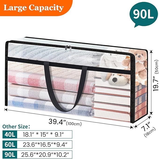 TasticTotes 4 Pack Long Clear Storage Bags for Comforter, Clothes & Bedding, Plastic Blanket Storage with Zipper and Handle, Moving Bags, Closet Organizer and Under-Bed Storage (90L, 39.4"*7.1"*19.7")