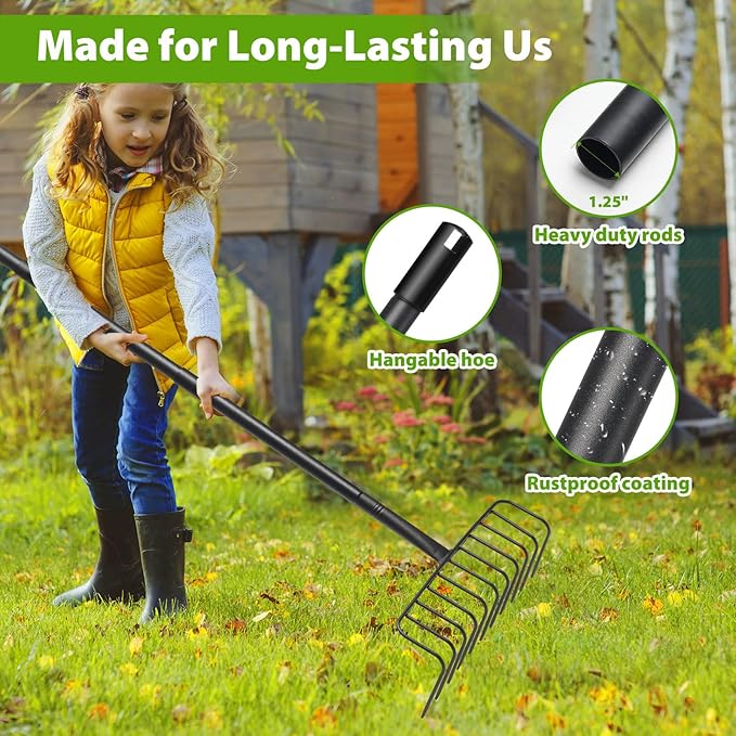 Garden Rake, Heavy Duty Rake with 11 Tines, 51 Inch Handle, 16 Inch Wide, Metal Garden Thatch Leaf Rakes for Raking Gathering Mulch,Metal Thatch Rakes for Lawn Yard Bushes Pine Needles Leaves Grass
