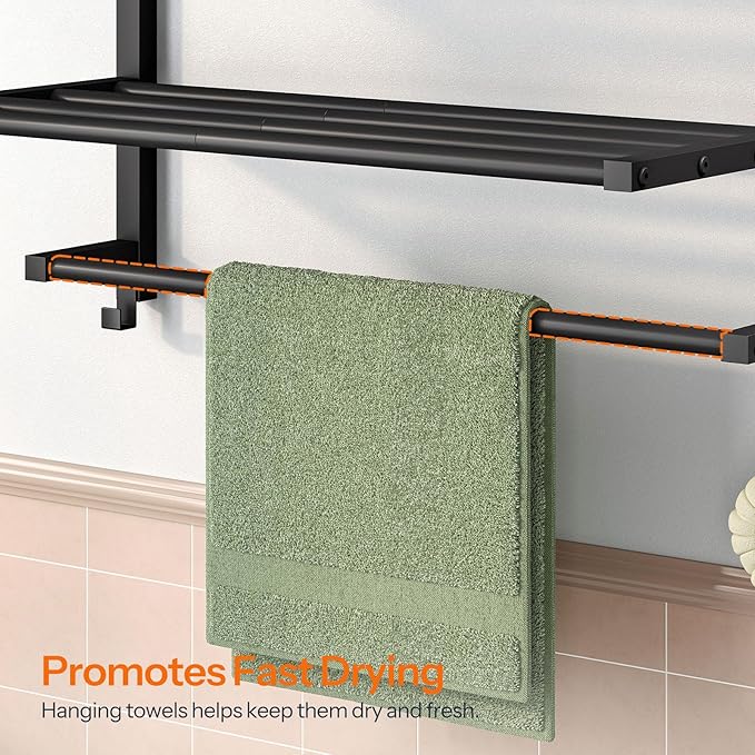 HOOBRO 23.8" Towel Rack for Bathroom, 3 Tier Towel Shelf with Tower Bars, Bathroom Storage Organizer for Towels and Toiletries, Towel Holder Wall Mounted with 2 Hooks, Black BK08LB01