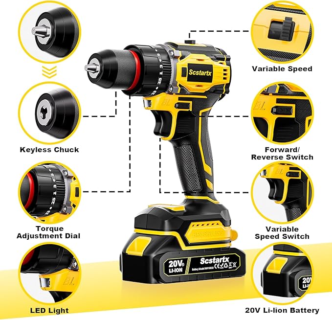 20V Cordless Brushless Drill Driver (3/8") - 24-Piece Compact Kit, 70Nm High Torque, 2.0Ah Li-Ion Battery for Home DIY & Apartment Repairs, Furniture Assembly