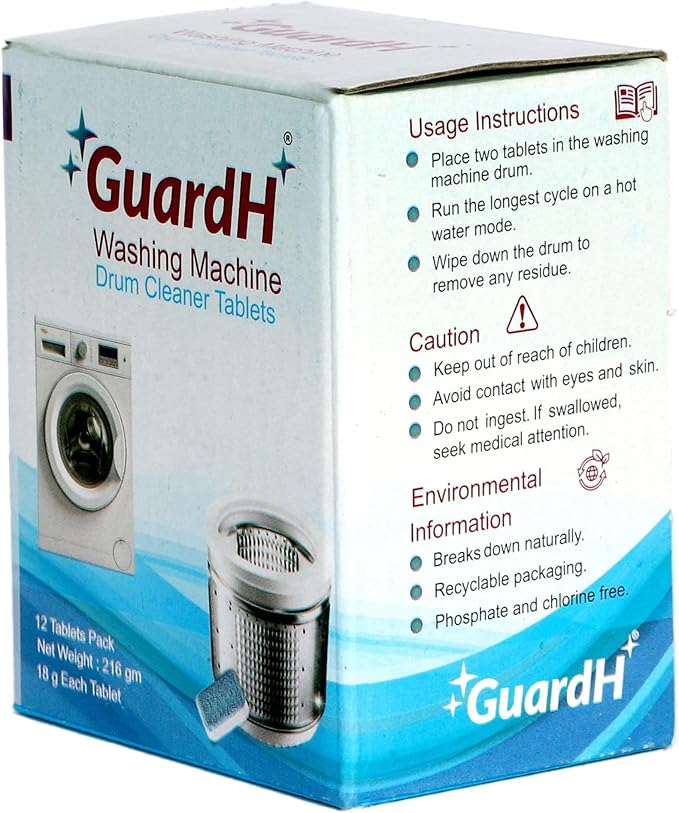 GuardH Washing Machine Drum Cleaner Tablets 12 Count 216g Deep Cleaning and Descaling Tablets for HE and Standard Washers Removes Residue Odor and Buildup Phosphate and Chlorine Free