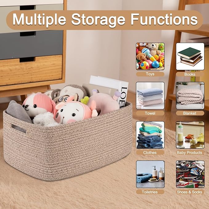 Large Storage Basket for Organizing, Woven Rope Basket for Shelves, Closet Organizer Bins for Clothes, Blanket, Toys, Baby Nursery Storage, 17.7" x 13" x 7.87", 2 Packs Brown