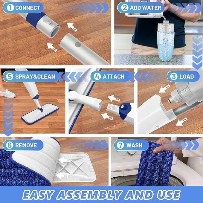 HOMTOYOU Microfiber Flat Mop with Sprayer: Spray Mop with 4 Washable Pads for Cleaning Multi-Surface Floors - 1Pcs 400+ML Refillable Bottle