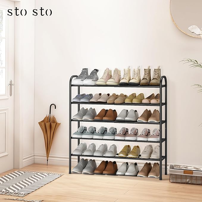 STO STO Expandable Shoe Rack, 5-Tier Metal Shoe Rack for Closet, Up to 24 Pairs Adjustable Shoe Rack Storage for Front Door Entrance, Free Standing Shoe Rack Organizer for Entryway, Black
