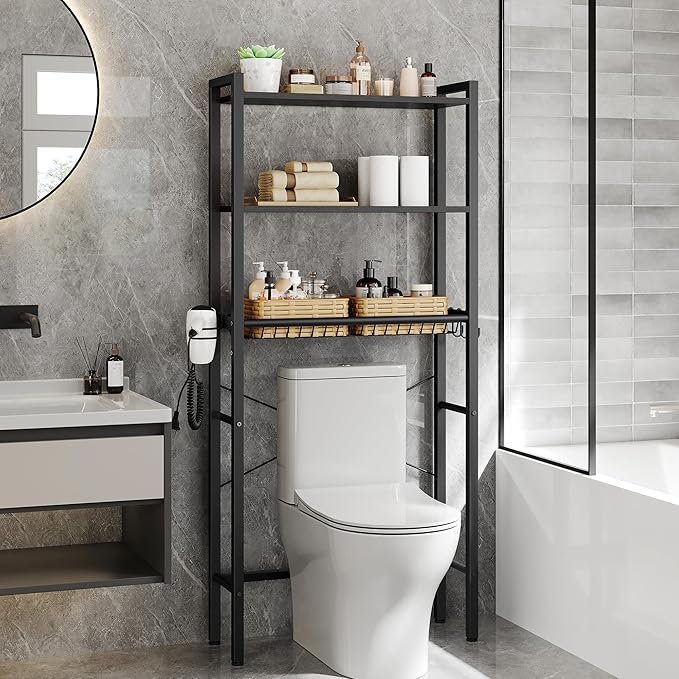 VASAGLE Over the Toilet Storage, Over Toilet Bathroom Organizer with Adjustable Shelves and Basket, 3 Hooks, Space Saving, 9.4 x 23.6 x 63 Inches, Ebony Black UBTS113BE01S